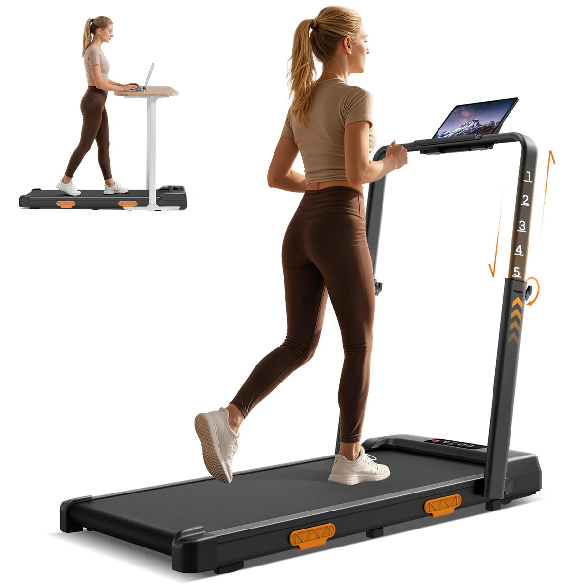 Umay Folding Walking Treadmill for Home and Office with 16% Incline, Handrails, and 300 lbs Capacity - Portable Indoor Walking Machine