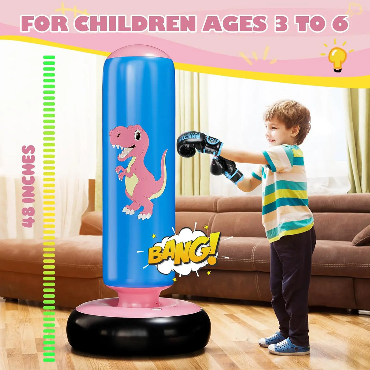 QPAU 48-Inch Inflatable Punching Bag - Stable Boxing Bag for Children Ages 3-6, Dinosaur-Themed Gift for Boys and Girls, Ideal for Karate and Taekwondo Practice, Perfect Halloween Present