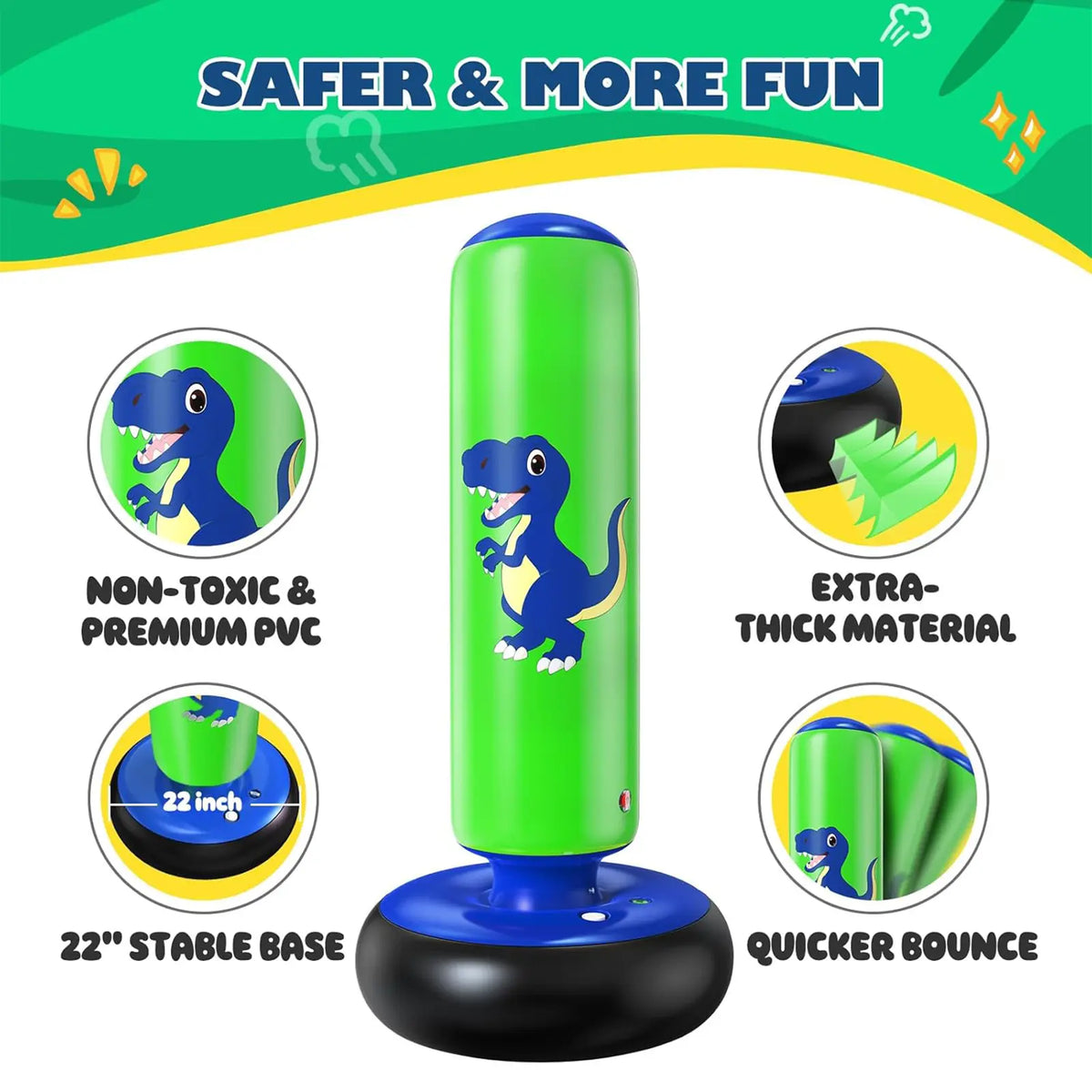 QPAU 48-Inch Inflatable Punching Bag - Stable Boxing Bag for Children Ages 3-6, Dinosaur-Themed Gift for Boys and Girls, Ideal for Karate and Taekwondo Practice, Perfect Halloween Present
