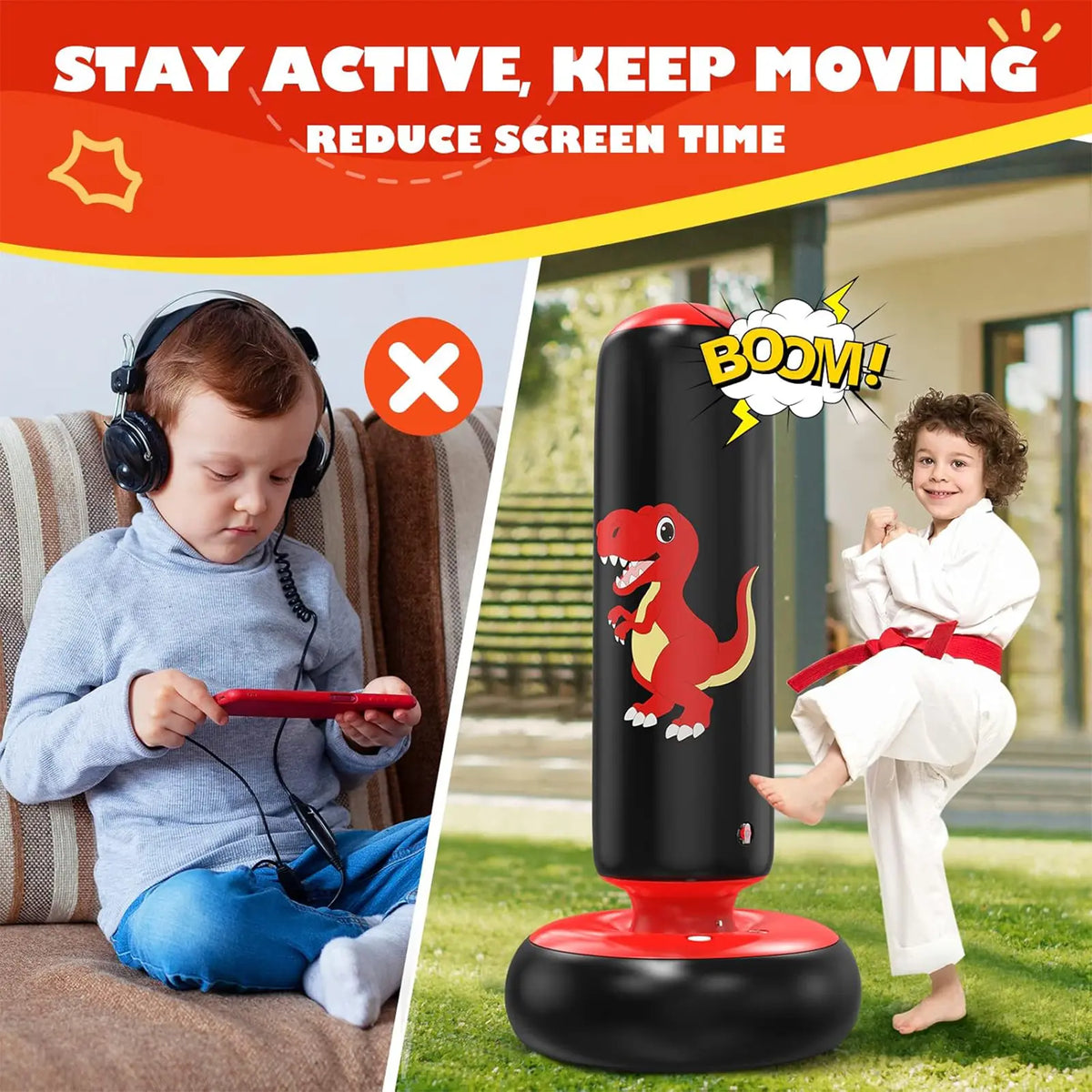 QPAU 48-Inch Inflatable Punching Bag - Stable Boxing Bag for Children Ages 3-6, Dinosaur-Themed Gift for Boys and Girls, Ideal for Karate and Taekwondo Practice, Perfect Halloween Present