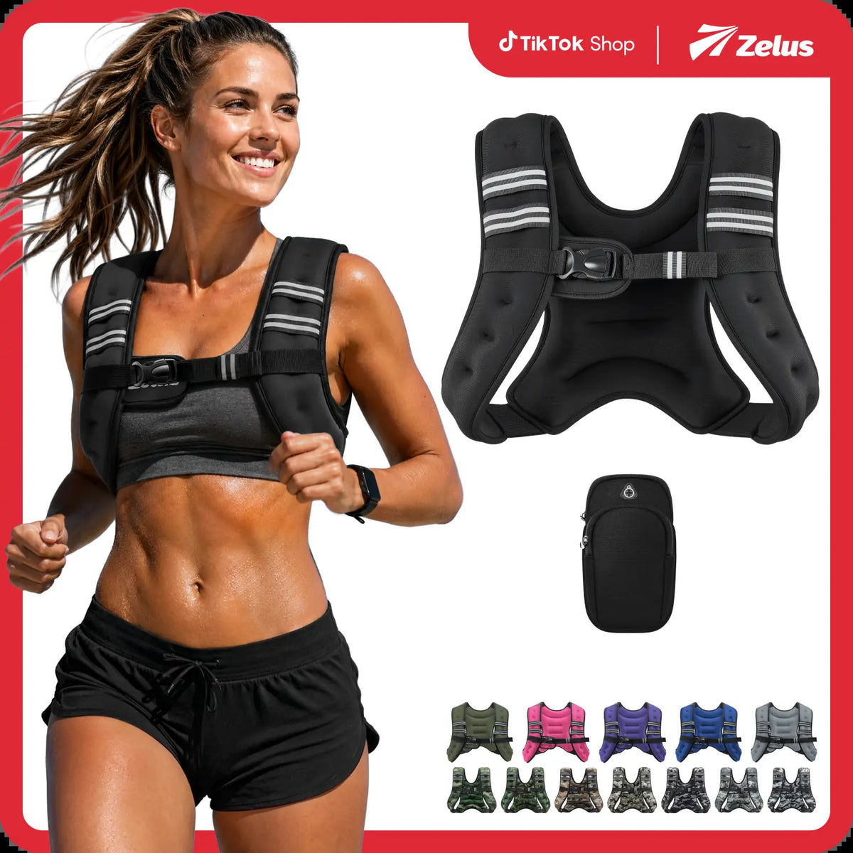 Zelus Weighted Vests with Detachable Phone Pouch, Reflective Stripes, and Adjustable Straps - Available in 6 to 30 lbs for Enhanced Workouts and Strength Training