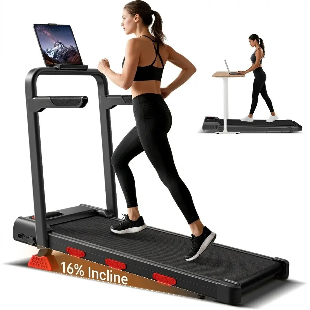 Umay Folding Walking Treadmill for Home and Office with 16% Incline, Handrails, and 300 lbs Capacity - Portable Indoor Walking Machine
