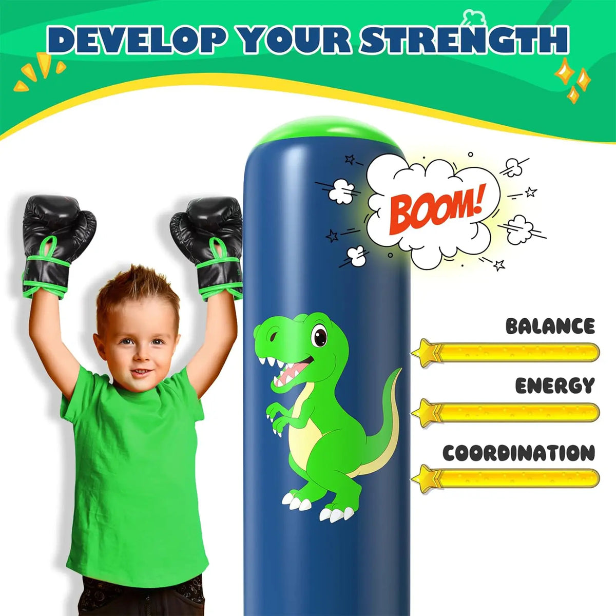 QPAU 48-Inch Inflatable Punching Bag - Stable Boxing Bag for Children Ages 3-6, Dinosaur-Themed Gift for Boys and Girls, Ideal for Karate and Taekwondo Practice, Perfect Halloween Present