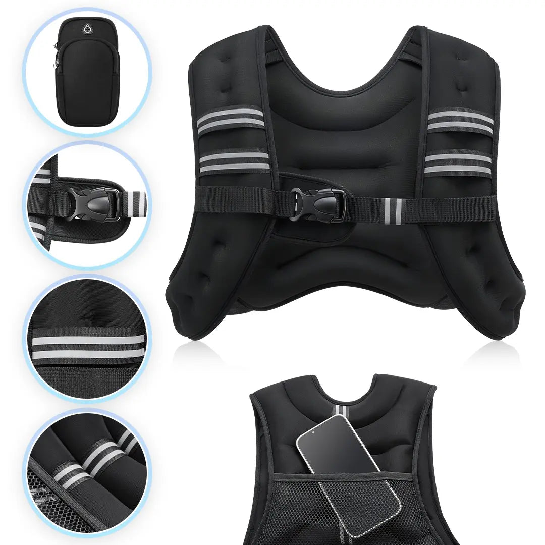 Zelus Weighted Vests with Detachable Phone Pouch, Reflective Stripes, and Adjustable Straps - Available in 6 to 30 lbs for Enhanced Workouts and Strength Training