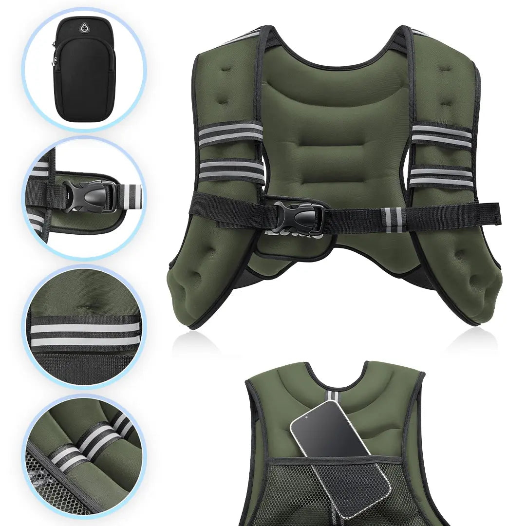 Zelus Weighted Vests with Detachable Phone Pouch, Reflective Stripes, and Adjustable Straps - Available in 6 to 30 lbs for Enhanced Workouts and Strength Training